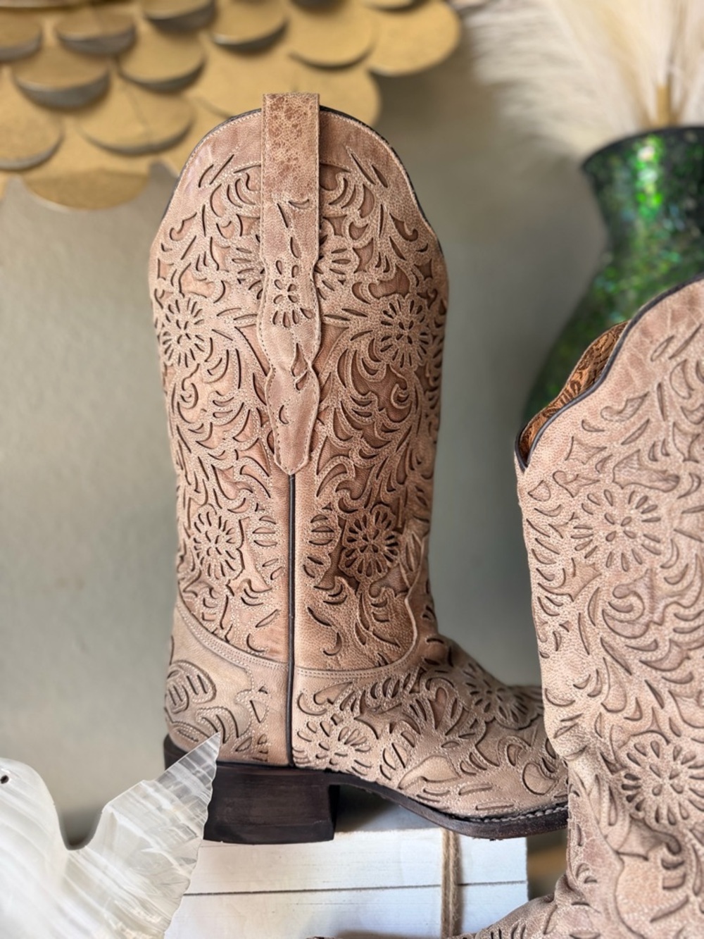 Corral Tan Floral-Stamped Leather Cowboy Boots